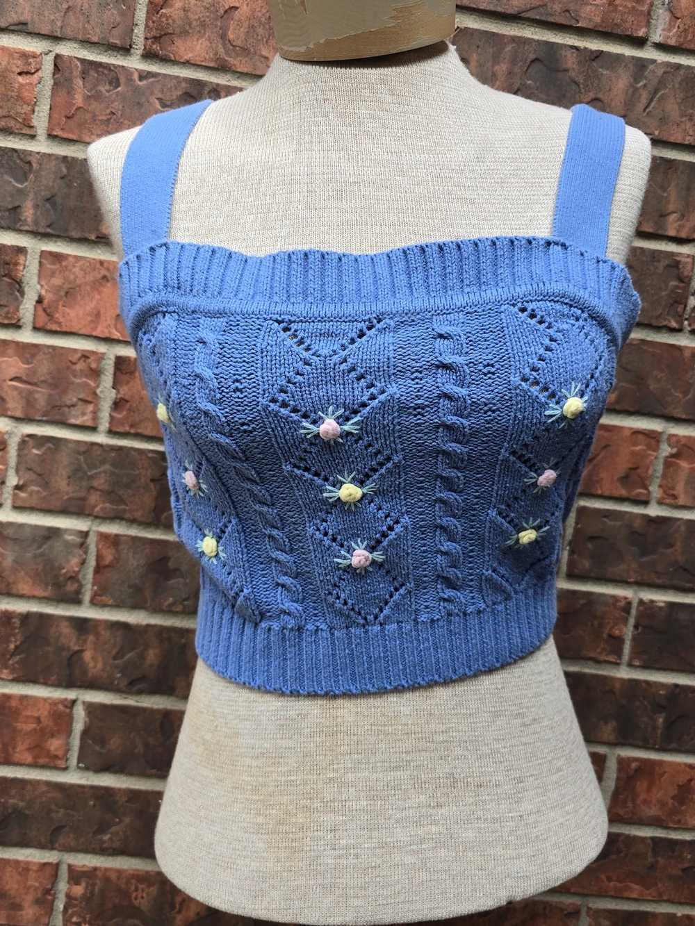 Cider Tank Top Womens Medium Blue Knit Embroidered Floral Cropped Sleeveless